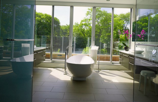 Прозрачная ванная комната с видом на природу