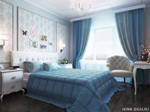 Синий цвет в интерьере спальни
