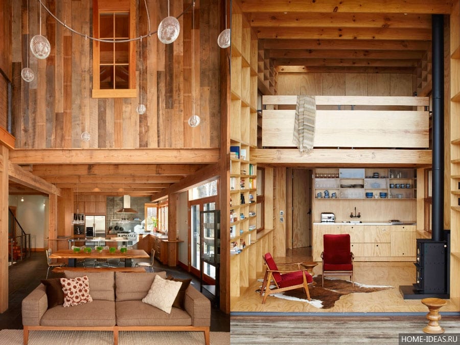 Dizajn drvene kuće izrađene od trupaca i greda iznutra