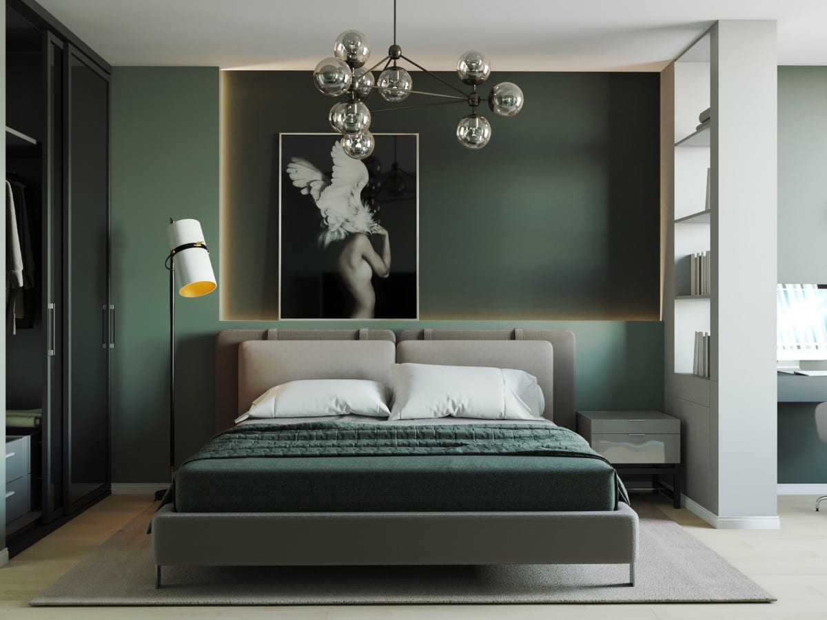спальня белая мебель зеленые обои